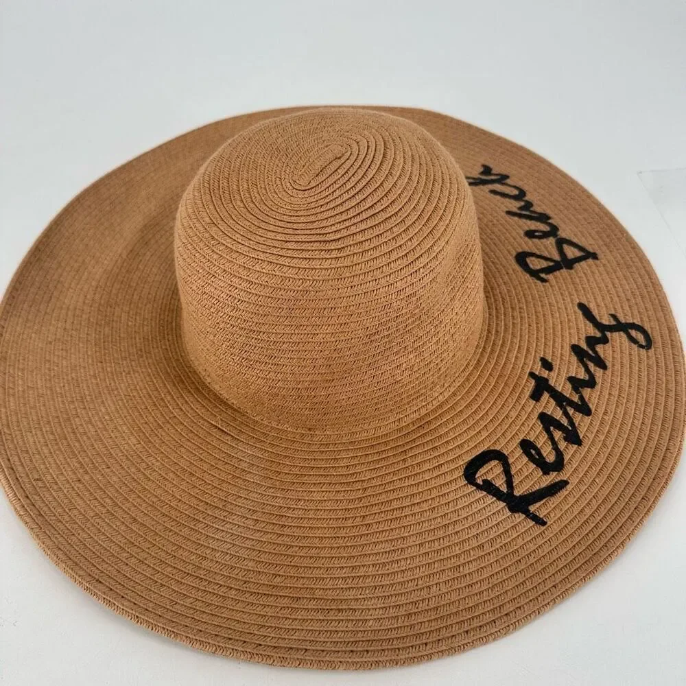 Vivian Collection Straw Wide Brim Floppy Sun‎ Hat Resting Beach Face Tan Black
